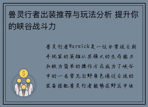 兽灵行者出装推荐与玩法分析 提升你的峡谷战斗力